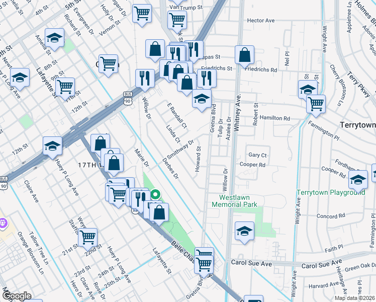 map of restaurants, bars, coffee shops, grocery stores, and more near 39 Howard Street in Gretna