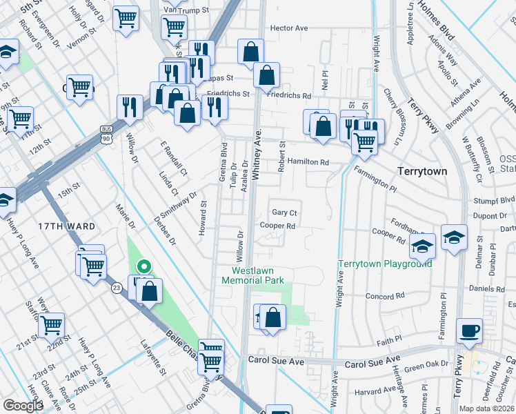 map of restaurants, bars, coffee shops, grocery stores, and more near 42 Azalea Drive in Gretna