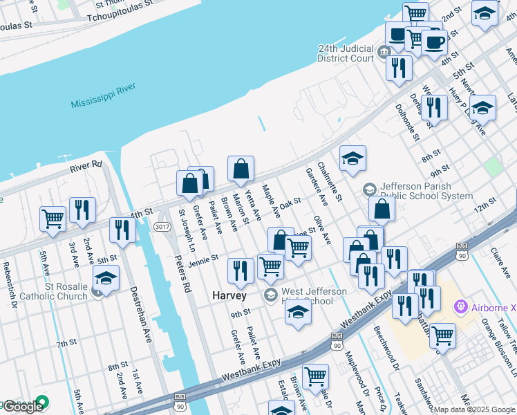 map of restaurants, bars, coffee shops, grocery stores, and more near 452 Maple Avenue in Harvey