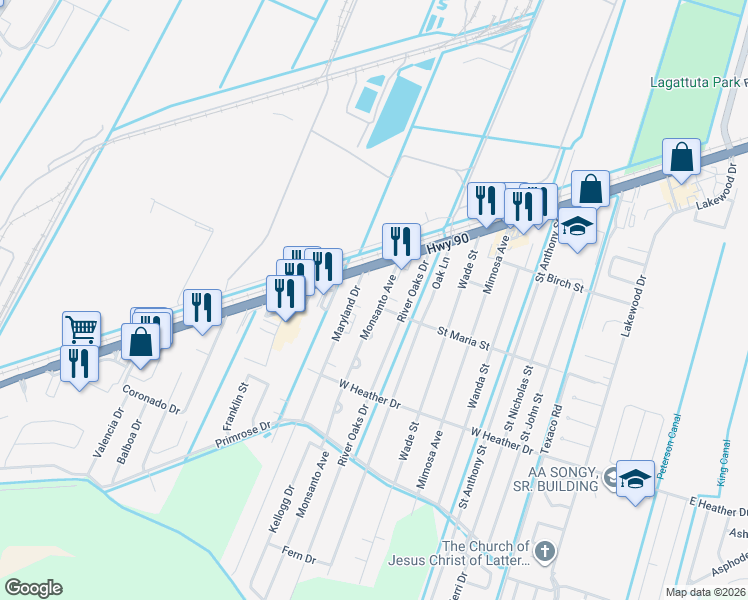 map of restaurants, bars, coffee shops, grocery stores, and more near 126 Monsanto Avenue in Luling