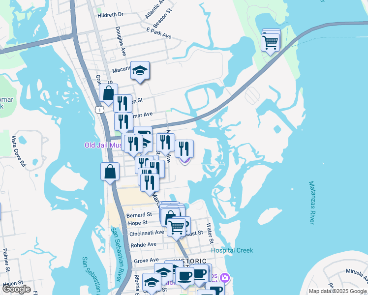 map of restaurants, bars, coffee shops, grocery stores, and more near 35 Dufferin Street in St. Augustine