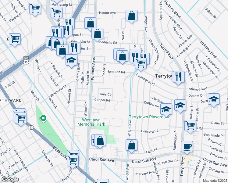 map of restaurants, bars, coffee shops, grocery stores, and more near 1652 Alexander Court in Gretna