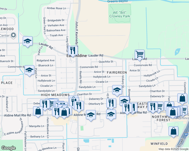 map of restaurants, bars, coffee shops, grocery stores, and more near 4518 Anice Street in Houston