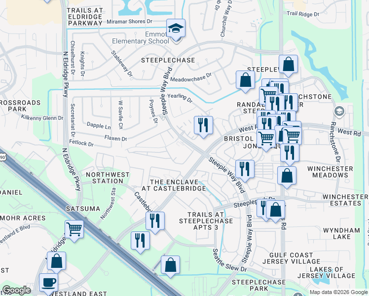 map of restaurants, bars, coffee shops, grocery stores, and more near 12102 Steeple Way Boulevard in Houston
