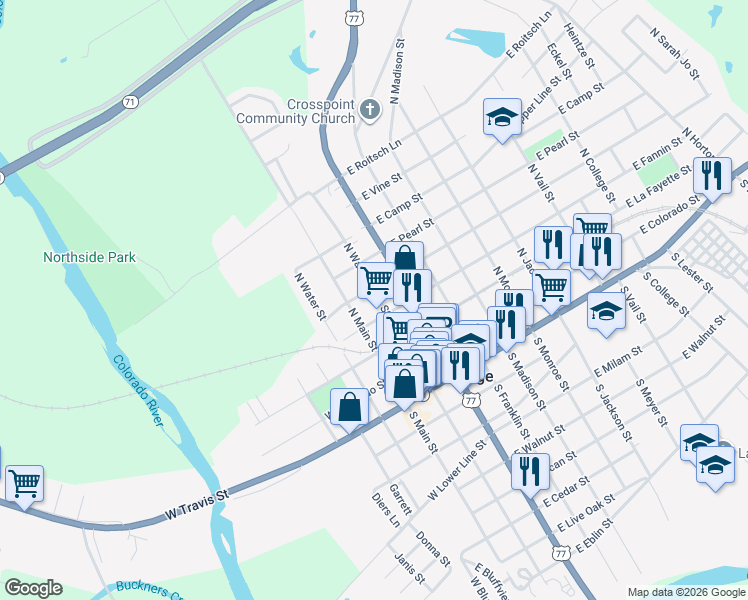 map of restaurants, bars, coffee shops, grocery stores, and more near 443 North Washington Street in La Grange