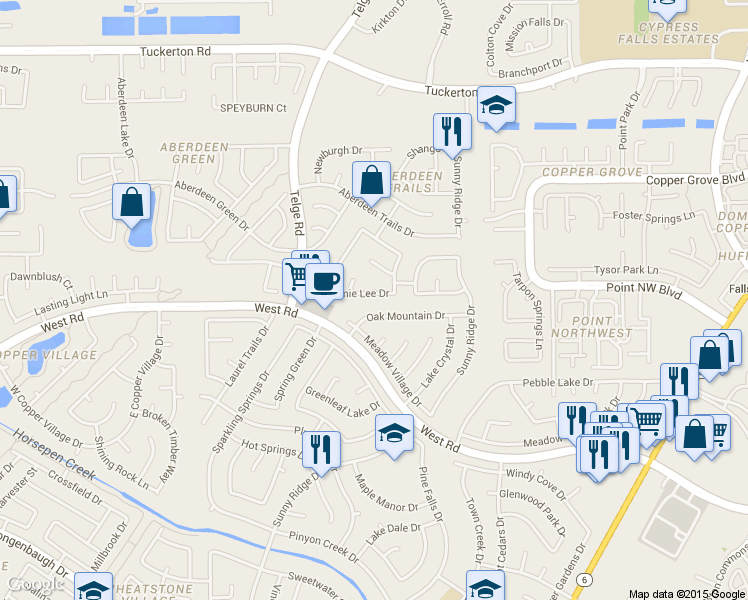 map of restaurants, bars, coffee shops, grocery stores, and more near 15823 Jamie Lee Drive in Houston