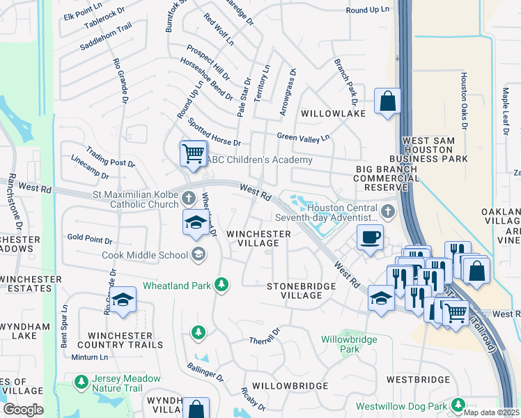 map of restaurants, bars, coffee shops, grocery stores, and more near 9807 Winchester Village Ct in Houston