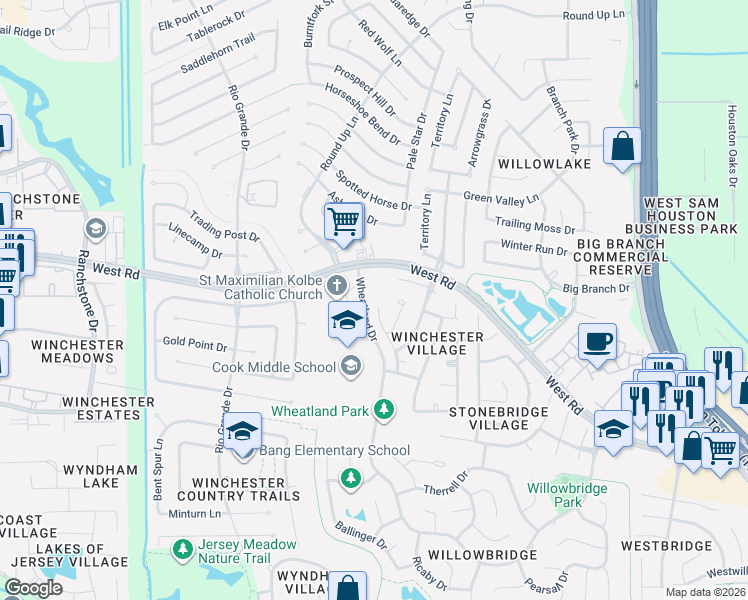 map of restaurants, bars, coffee shops, grocery stores, and more near 9243 Chester Park Drive in Houston