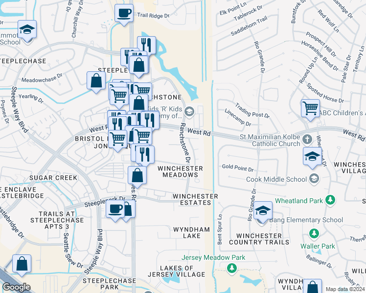 map of restaurants, bars, coffee shops, grocery stores, and more near 9311 Sutter Ranch Drive in Houston