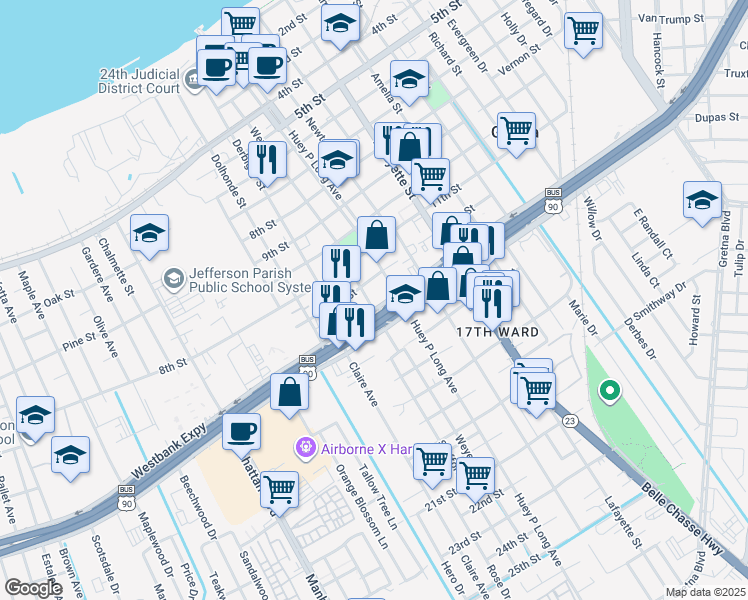 map of restaurants, bars, coffee shops, grocery stores, and more near 1221 Weyer Street in Gretna