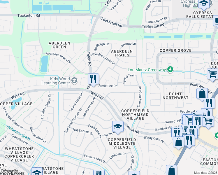 map of restaurants, bars, coffee shops, grocery stores, and more near 15823 Jamie Lee Drive in Houston