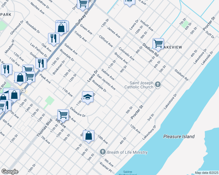 map of restaurants, bars, coffee shops, grocery stores, and more near 901 San Jacinto Avenue in Port Arthur