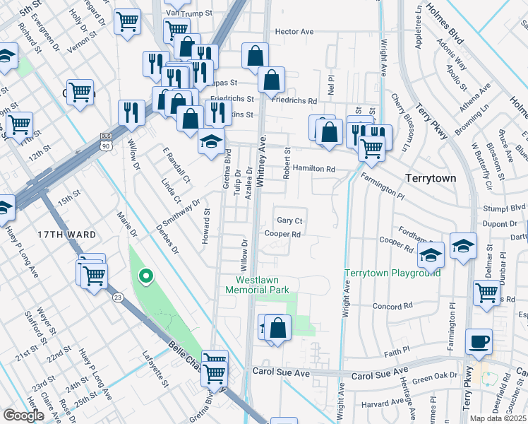 map of restaurants, bars, coffee shops, grocery stores, and more near 1029 Whitney Avenue in Gretna