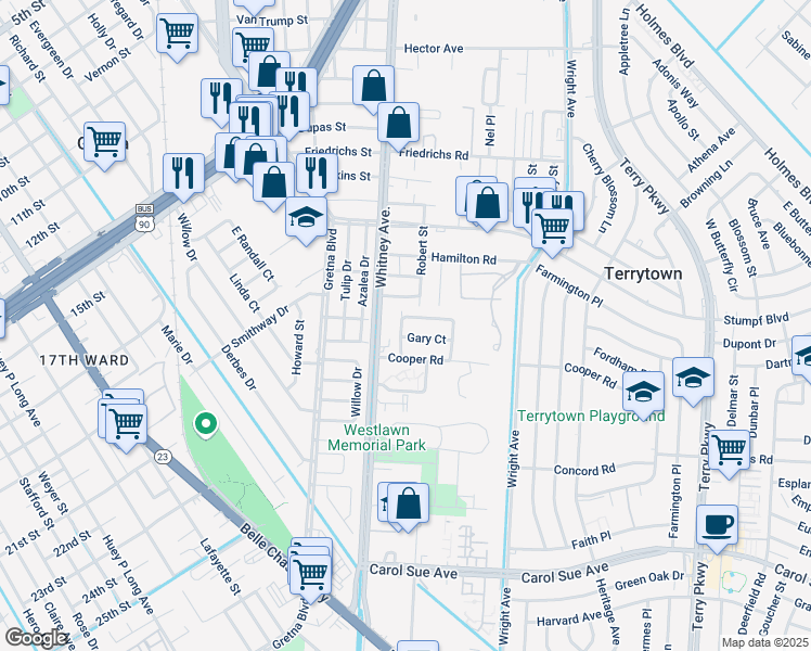 map of restaurants, bars, coffee shops, grocery stores, and more near 1620 Alexander Court in Terrytown