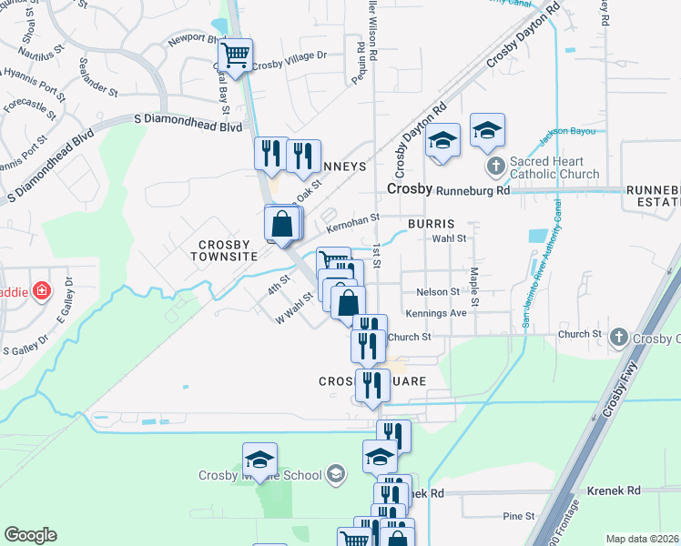 map of restaurants, bars, coffee shops, grocery stores, and more near 118 Wahl Street in Crosby
