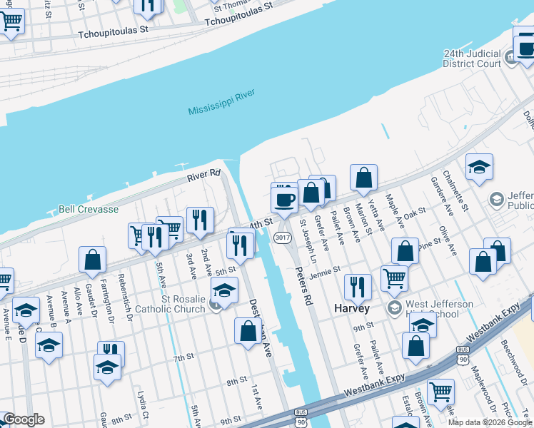 map of restaurants, bars, coffee shops, grocery stores, and more near 99 Alex Lane in Harvey