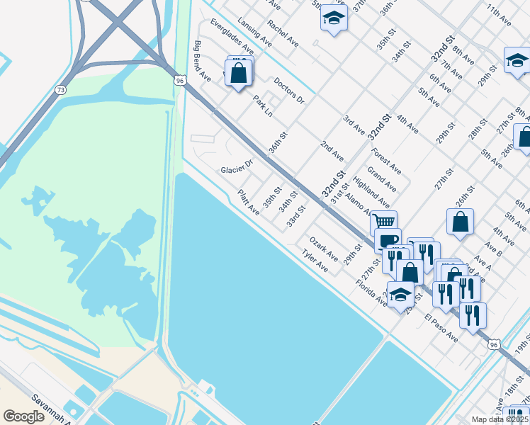 map of restaurants, bars, coffee shops, grocery stores, and more near 2600 35th Street in Port Arthur