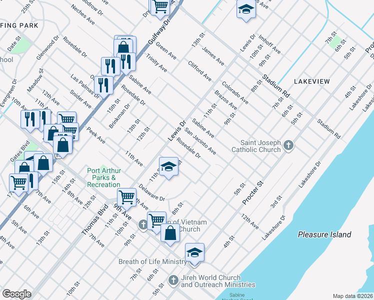 map of restaurants, bars, coffee shops, grocery stores, and more near 1001 Rosedale Drive in Port Arthur