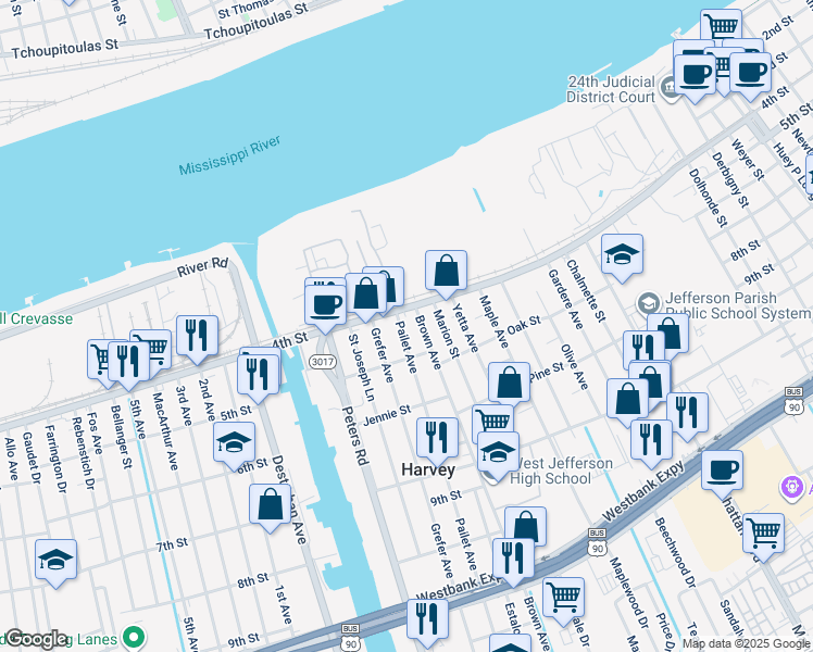 map of restaurants, bars, coffee shops, grocery stores, and more near 413 Pailet Avenue in Harvey