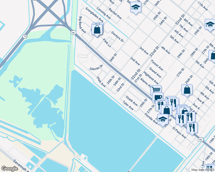 map of restaurants, bars, coffee shops, grocery stores, and more near 2600 35th St in Port Arthur