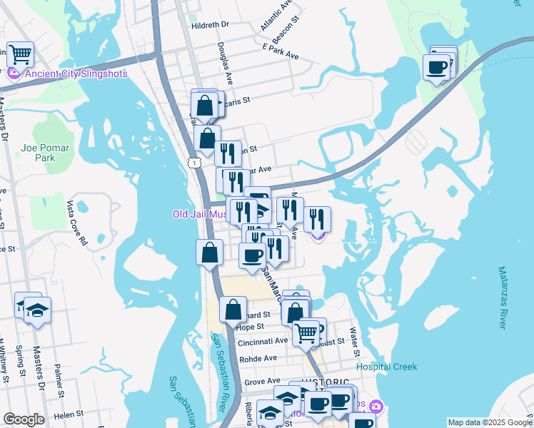 map of restaurants, bars, coffee shops, grocery stores, and more near 15 Estey Street in St. Augustine