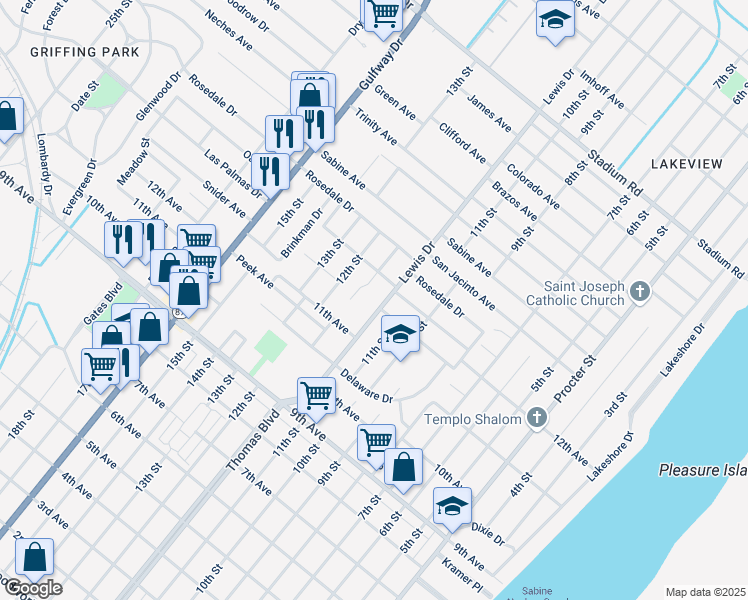 map of restaurants, bars, coffee shops, grocery stores, and more near 3945 Lewis Dr in Port Arthur