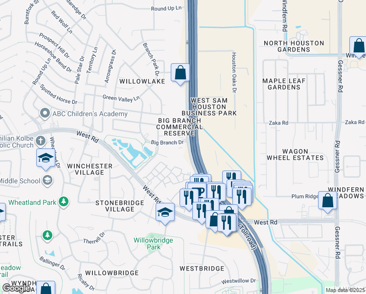 map of restaurants, bars, coffee shops, grocery stores, and more near 9501 West Sam Houston Parkway North in Houston