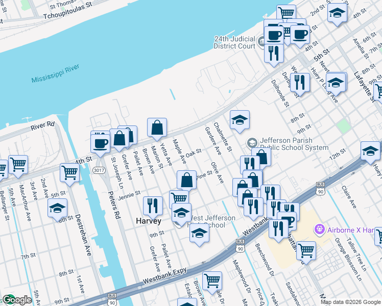 map of restaurants, bars, coffee shops, grocery stores, and more near 456 Fairmont Street in Harvey