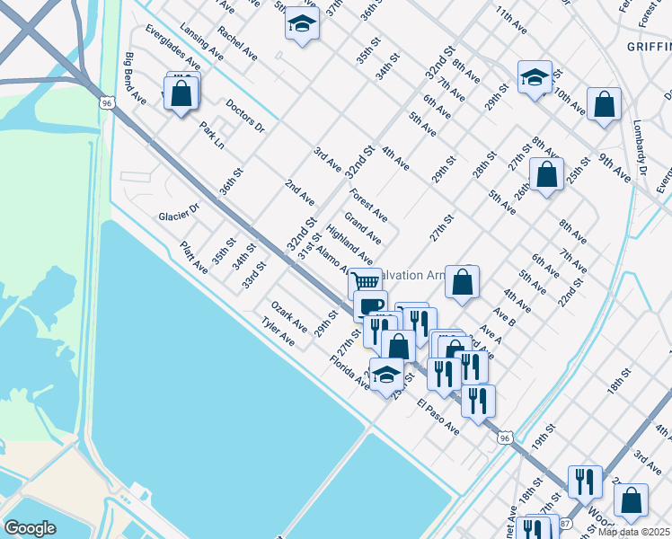 map of restaurants, bars, coffee shops, grocery stores, and more near 3041 Alamo Avenue in Port Arthur