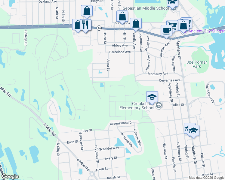 map of restaurants, bars, coffee shops, grocery stores, and more near 61 Crookshank Drive in Saint Augustine