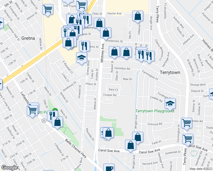 map of restaurants, bars, coffee shops, grocery stores, and more near 1004 Eli Court in Gretna