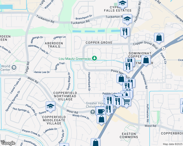 map of restaurants, bars, coffee shops, grocery stores, and more near 15455 Point Northwest Boulevard in Houston