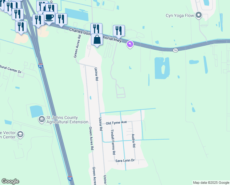 map of restaurants, bars, coffee shops, grocery stores, and more near Old Village Center Circle in St. Augustine