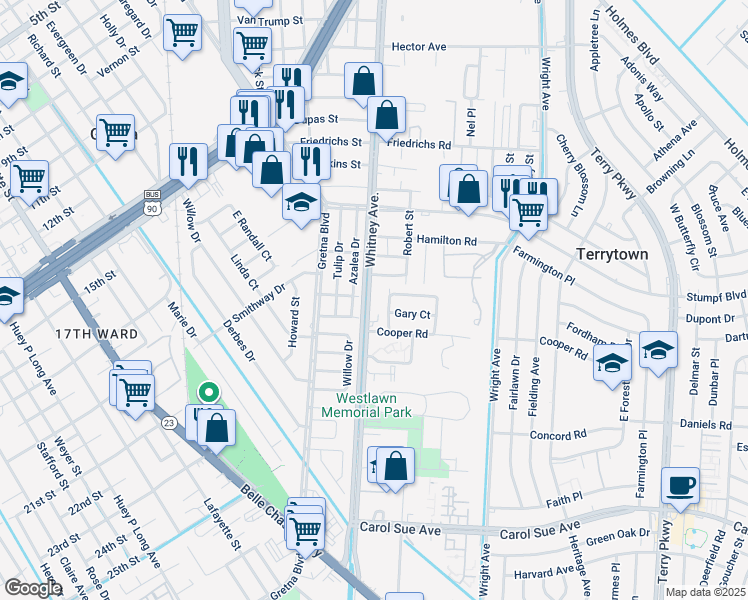 map of restaurants, bars, coffee shops, grocery stores, and more near 42 Azalea Drive in Gretna