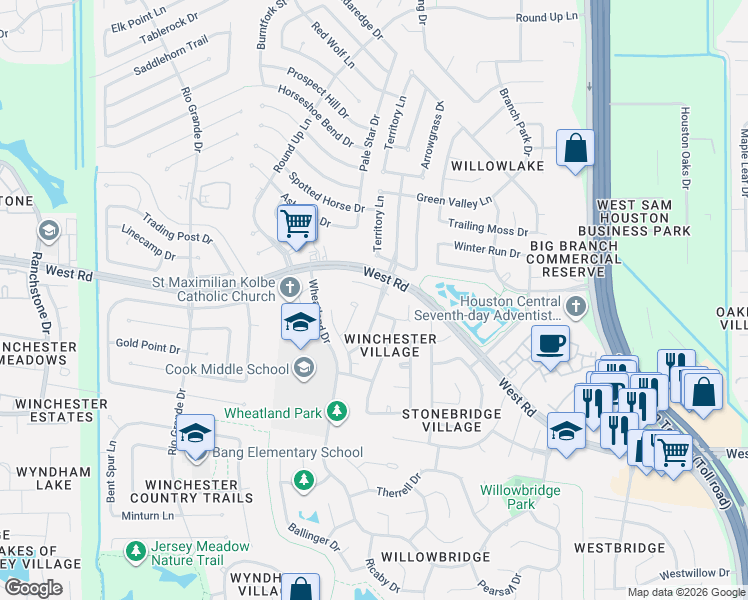 map of restaurants, bars, coffee shops, grocery stores, and more near 9807 Winchester Village Court in Houston