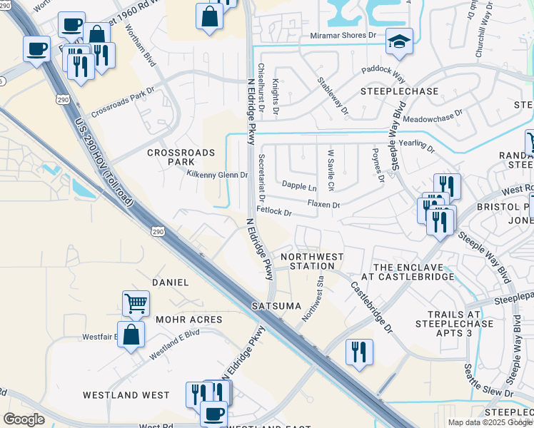 map of restaurants, bars, coffee shops, grocery stores, and more near 12323 Fetlock Drive in Houston
