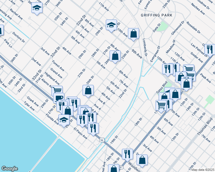 map of restaurants, bars, coffee shops, grocery stores, and more near 2500 5th Avenue in Port Arthur
