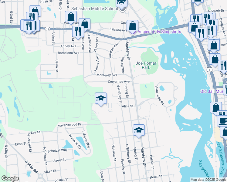 map of restaurants, bars, coffee shops, grocery stores, and more near 1550 Doehler Avenue in St. Augustine