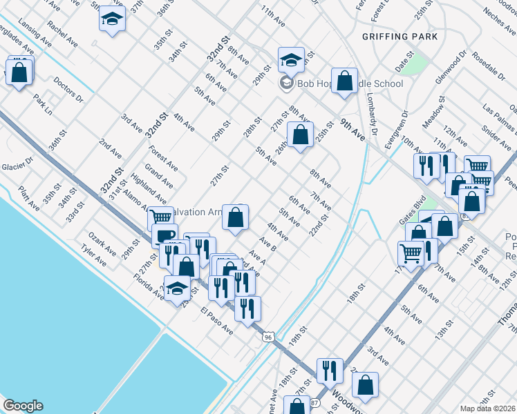 map of restaurants, bars, coffee shops, grocery stores, and more near 3215 25th Street in Port Arthur
