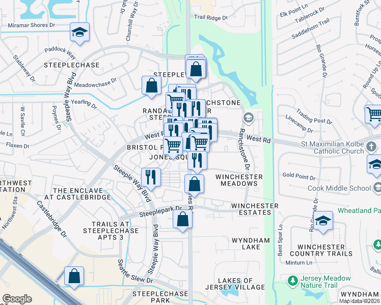 map of restaurants, bars, coffee shops, grocery stores, and more near 9410 Jones Road in Houston