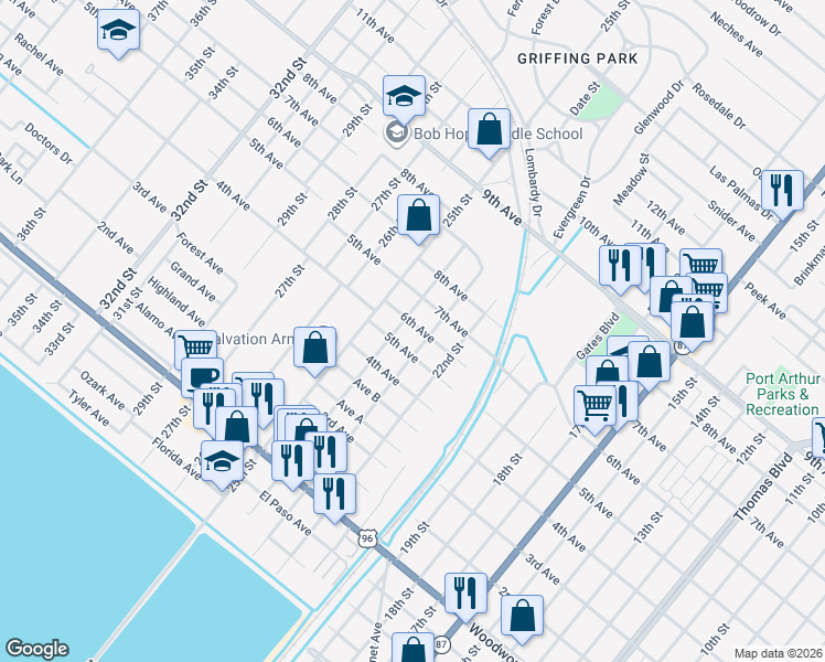 map of restaurants, bars, coffee shops, grocery stores, and more near 2500 5th Avenue in Port Arthur
