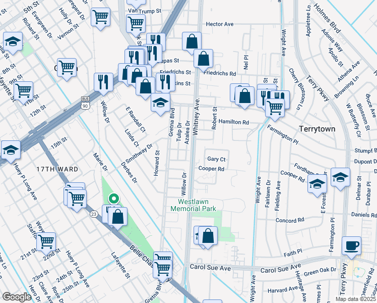 map of restaurants, bars, coffee shops, grocery stores, and more near 42 Azalea Drive in Gretna