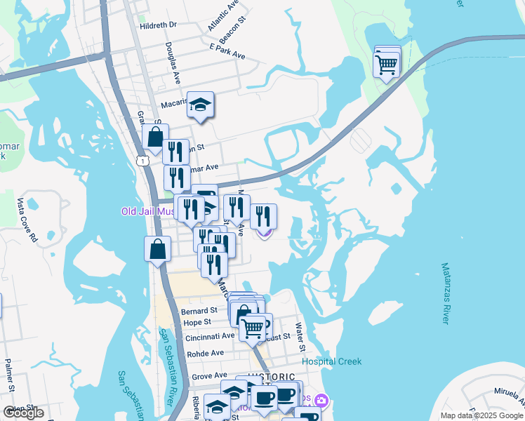 map of restaurants, bars, coffee shops, grocery stores, and more near 35 Dufferin Street in St. Augustine
