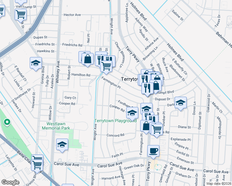 map of restaurants, bars, coffee shops, grocery stores, and more near 1901 Friedrica Street in Gretna