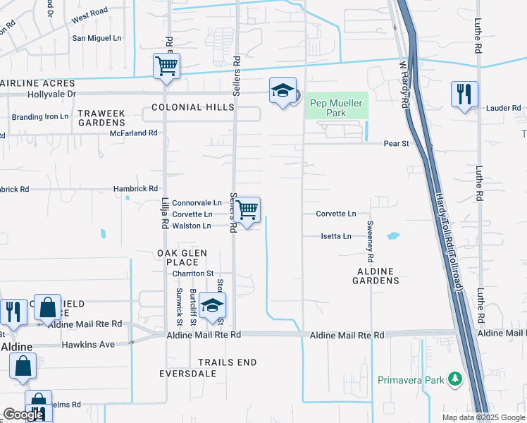 map of restaurants, bars, coffee shops, grocery stores, and more near 742 Corvette Court in Houston