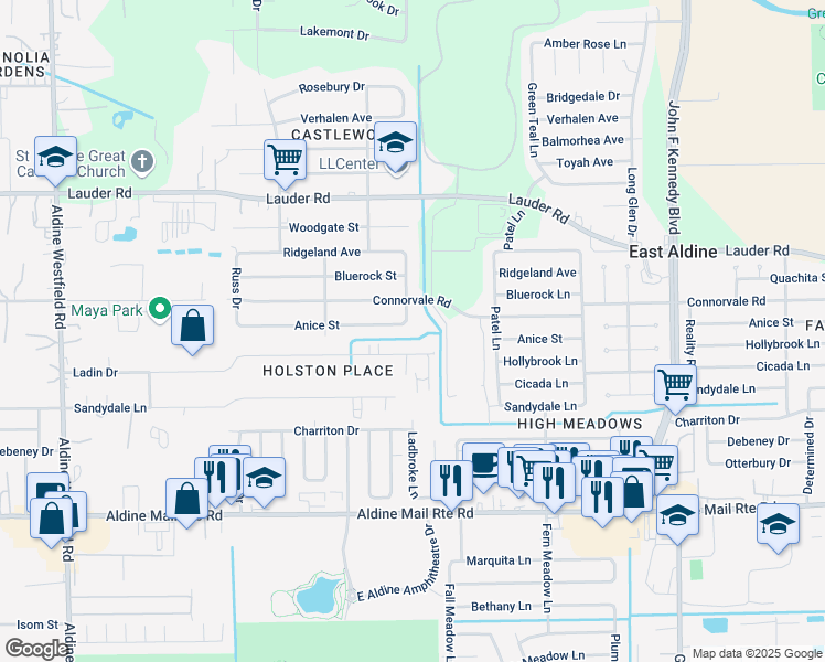 map of restaurants, bars, coffee shops, grocery stores, and more near 13402 Rockshire Drive in Houston
