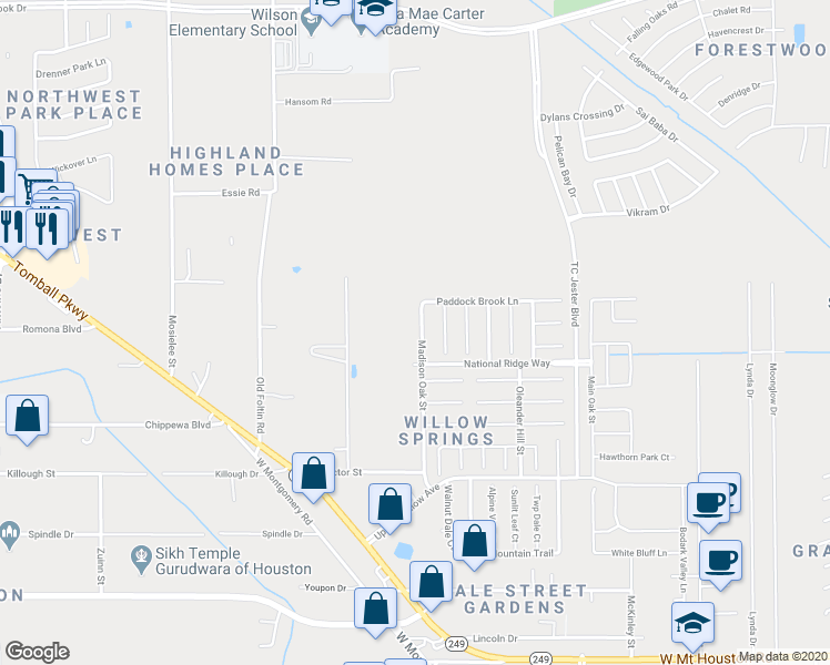 map of restaurants, bars, coffee shops, grocery stores, and more near 12035 Madison Oak Street in Houston