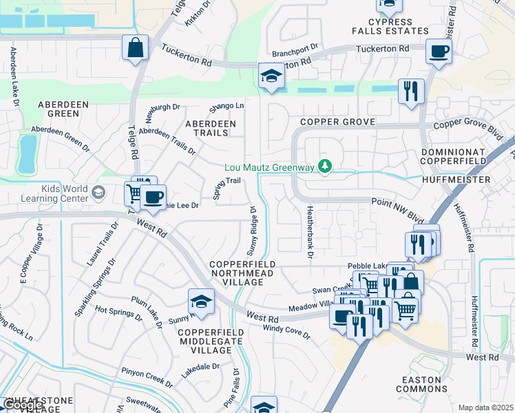 map of restaurants, bars, coffee shops, grocery stores, and more near 8714 Sunny Ridge Drive in Houston