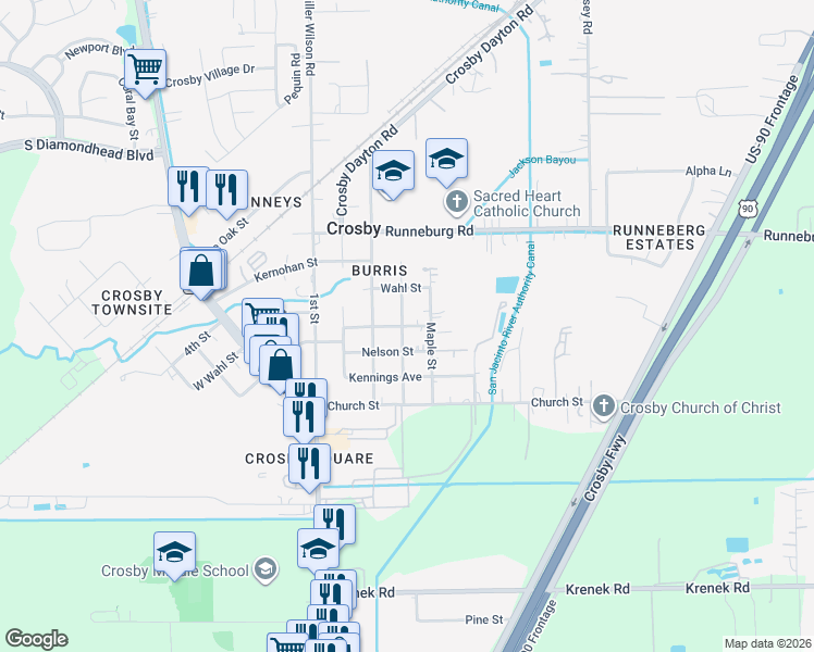 map of restaurants, bars, coffee shops, grocery stores, and more near 815 Reidland Avenue in Crosby