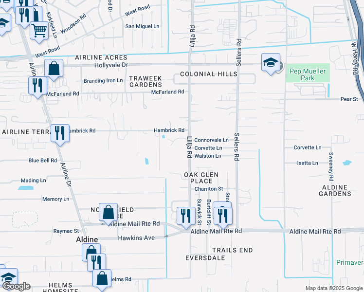 map of restaurants, bars, coffee shops, grocery stores, and more near 14411 Lillja Road in Houston